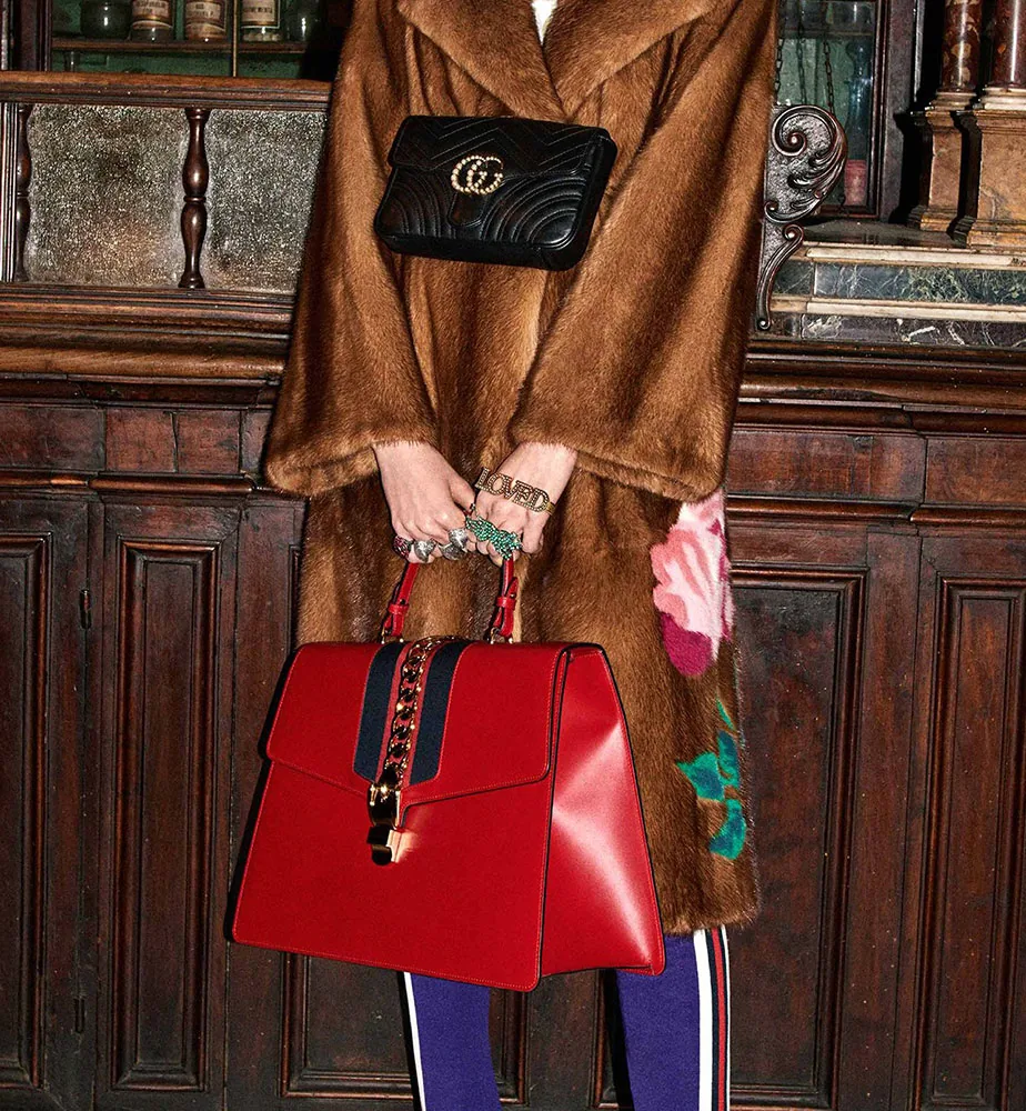 Reference image illustrating Gucci Pre-Fall 2017 Handbag Collection: Maxi Sylvies, Marmont Designs & Embellished Staples