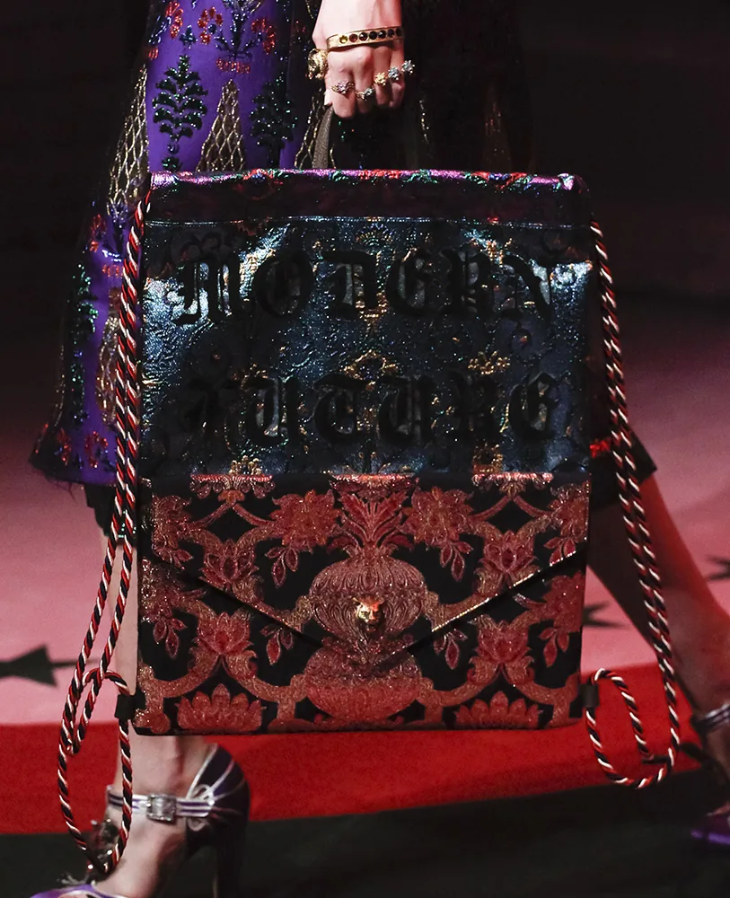 Reference image illustrating Gucci Spring 2017 Runway Bags: Chinoiserie Florals, Animal Clasps & Brocade Details