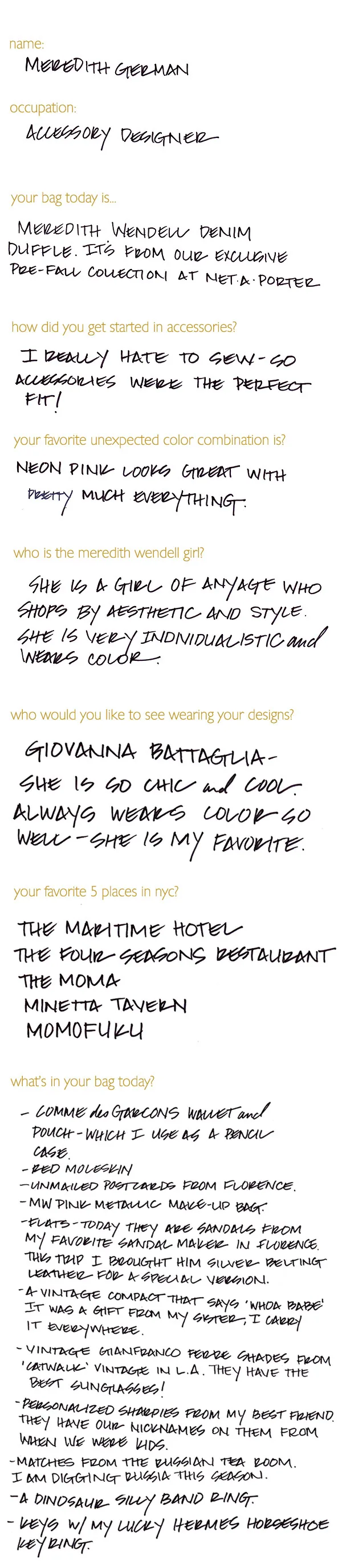 Reference image illustrating Inside Meredith Wendell’s Handbag: A Peek at Meredith German’s Everyday Essentials