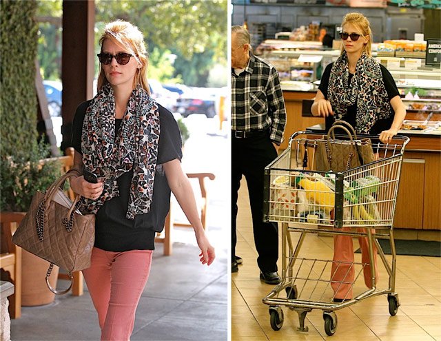 Reference image illustrating January Jones Spotted with Chanel Chain-Handle Quilted Tote on a Grocery Run