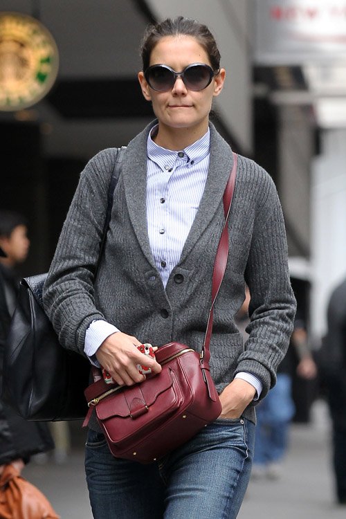 Reference image illustrating Katie Holmes Spotted in NYC with Her Burgundy Derek Lam Newton Camera Bag