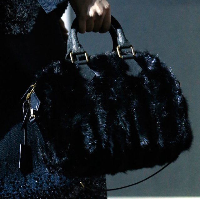 Reference image illustrating Louis Vuitton Fall 2013 Speedy Bag Reimagined in Fur, Python, and Feathers