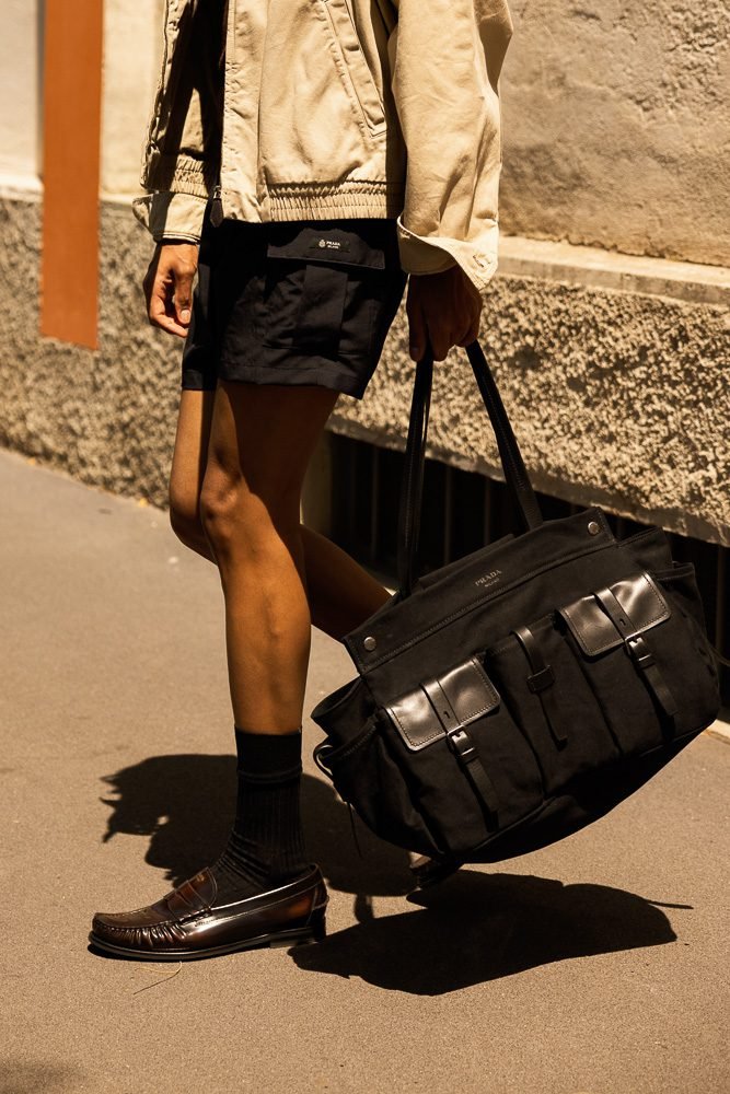 Reference image illustrating Prada Men’s Spring 2027 Street Style: The Best Bags Spotted Outside the Milan Show