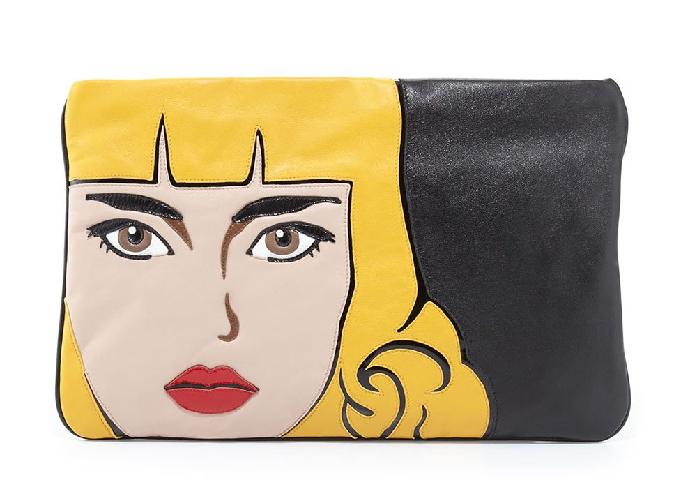 Reference image illustrating Prada Pre-Fall 2014 Handbags: Lady-Face Clutches, Camouflage Totes, and Color-Lined Bucket Bags