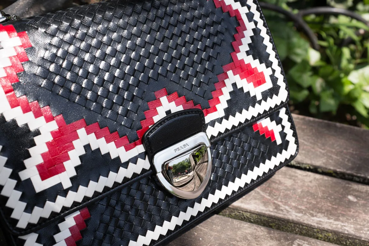 Reference image illustrating Prada Woven Madras-Pattern Shoulder Bag Review: A Standout Design in Lamb Leather