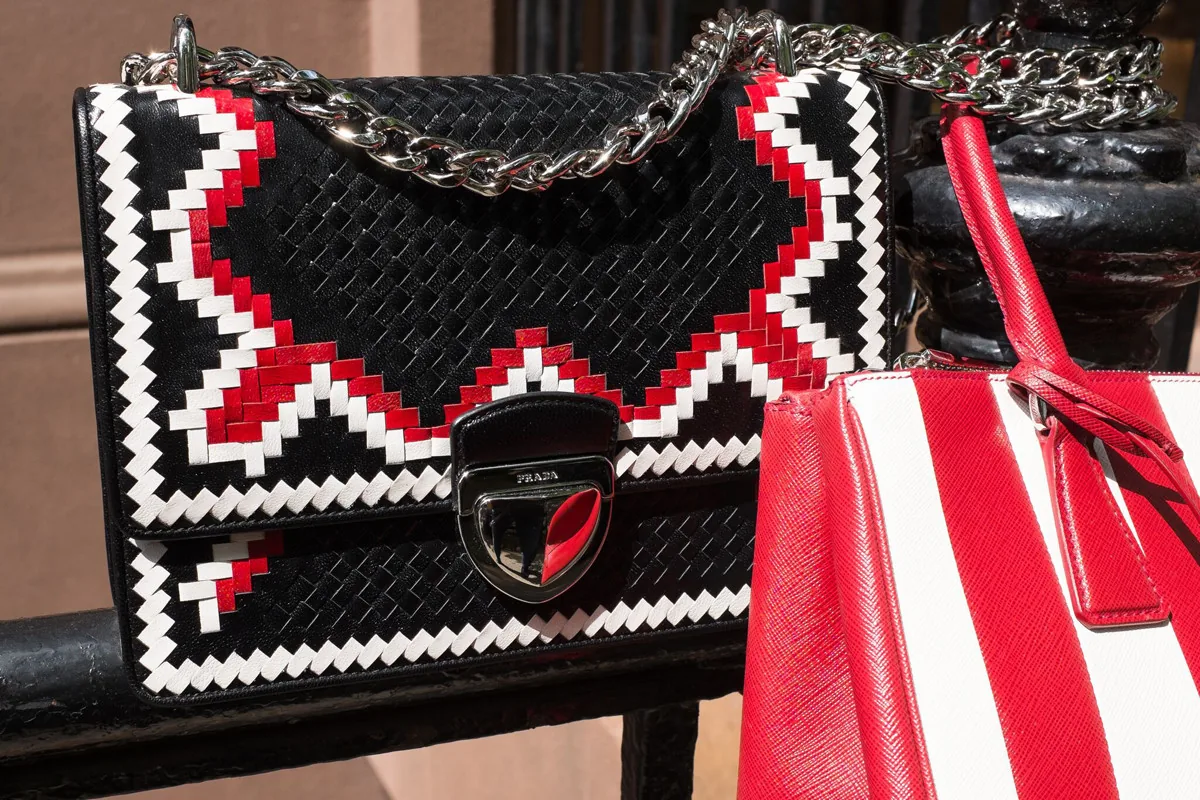 Reference image illustrating Prada Woven Madras-Pattern Shoulder Bag Review: A Standout Design in Lamb Leather
