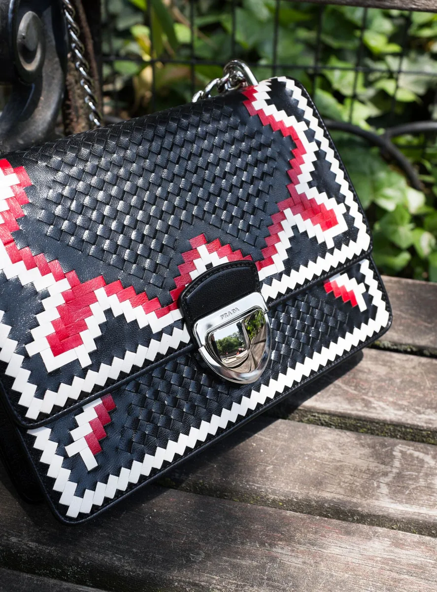 Reference image illustrating Prada Woven Madras-Pattern Shoulder Bag Review: A Standout Design in Lamb Leather