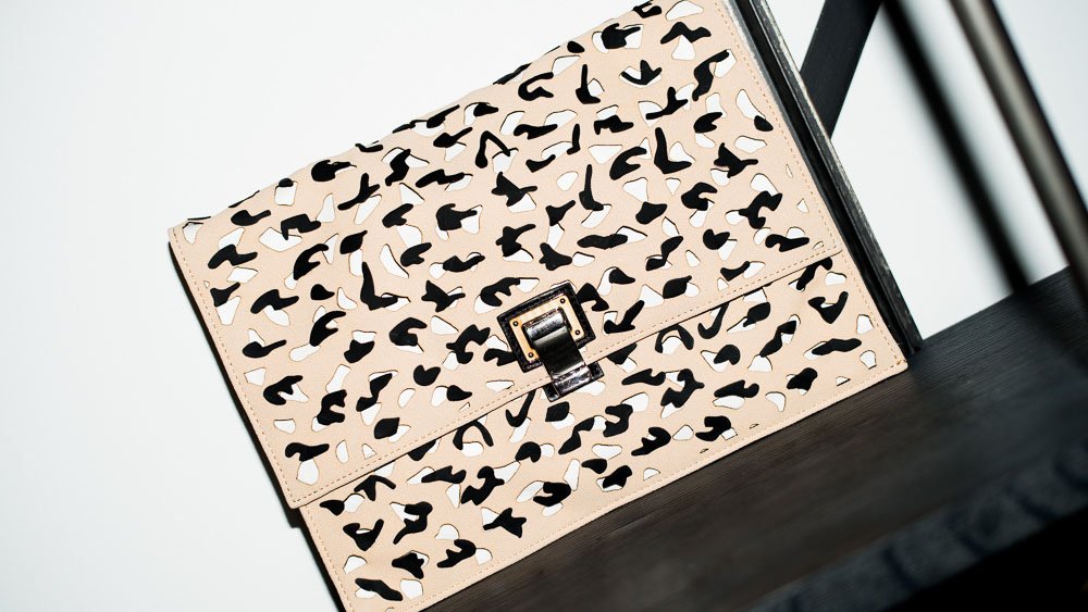 Reference image illustrating Proenza Schouler Fall 2013 Handbags: Camouflage, Shearling & Calf Hair Up Close