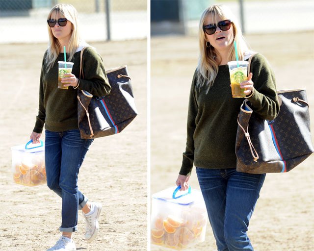Reference image illustrating Reese Witherspoon’s Louis Vuitton Mon Monogram Neverfull: Soccer Mom Style with a Luxury Twist