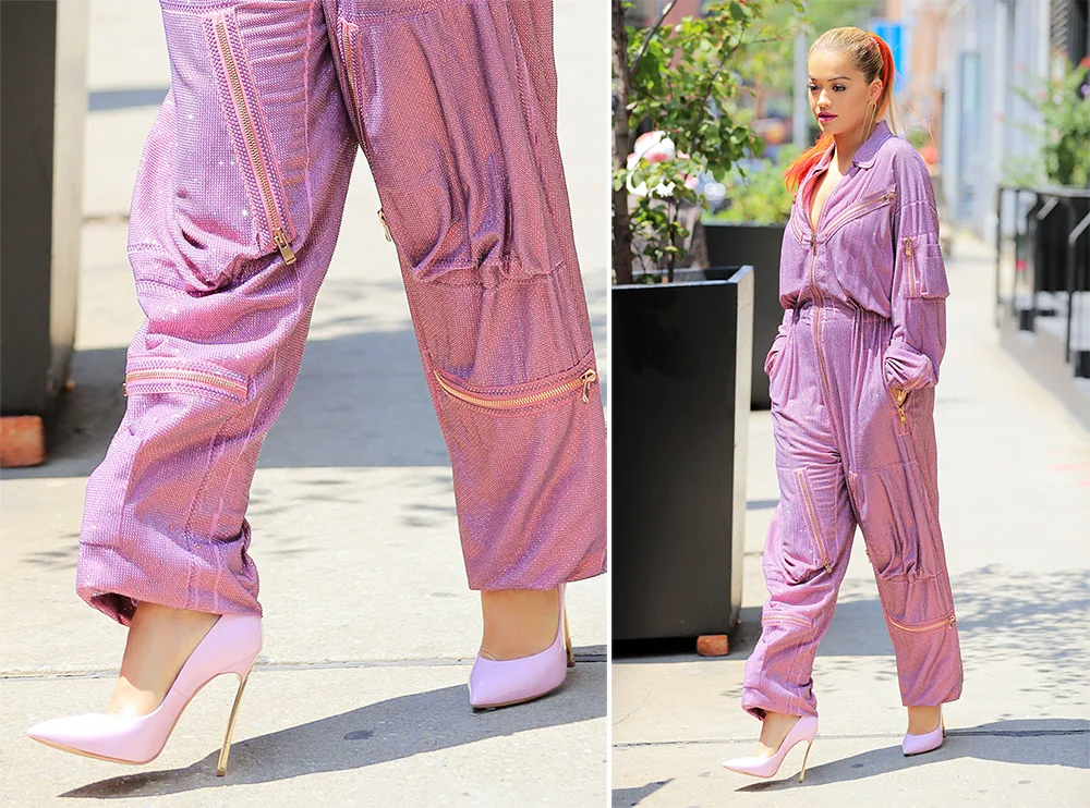 Reference image illustrating Rita Ora’s NYC Street Style: Casadei, Dior, Gucci, and Stuart Weitzman Shoes Spotted