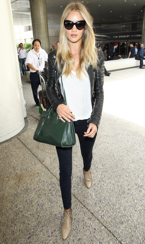 Reference image illustrating Rosie Huntington-Whiteley’s Dark Green Saint Laurent Sac de Jour: A Supermodel Airport Style Study