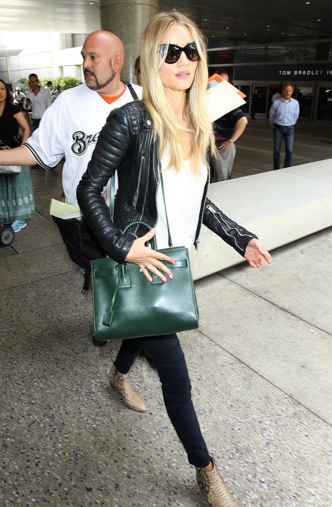 Reference image illustrating Rosie Huntington-Whiteley’s Dark Green Saint Laurent Sac de Jour: A Supermodel Airport Style Study