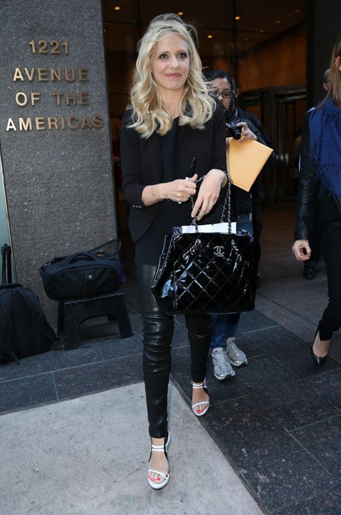 Reference image illustrating Sarah Michelle Gellar Spotted with a Classic Chanel Patent Quilted Tote in NYC