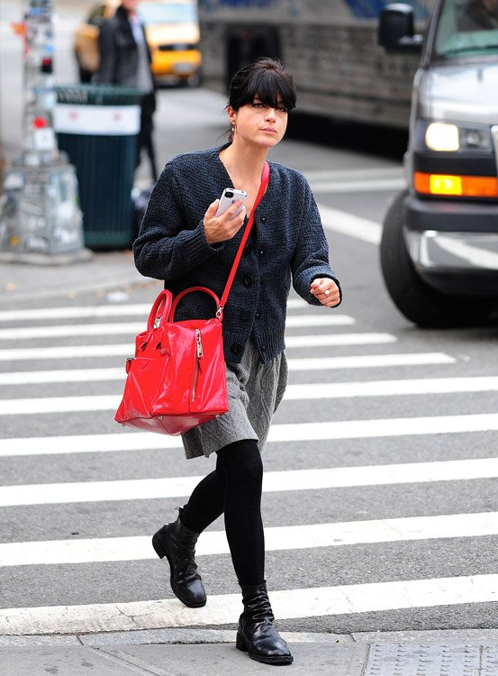 Reference image illustrating Selma Blair’s Neon Red Marc Jacobs Antonia Satchel Steals the Spotlight