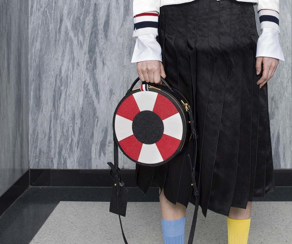 Reference image illustrating Thom Browne Resort 2017: The Dachshund Bag Goes High Fashion