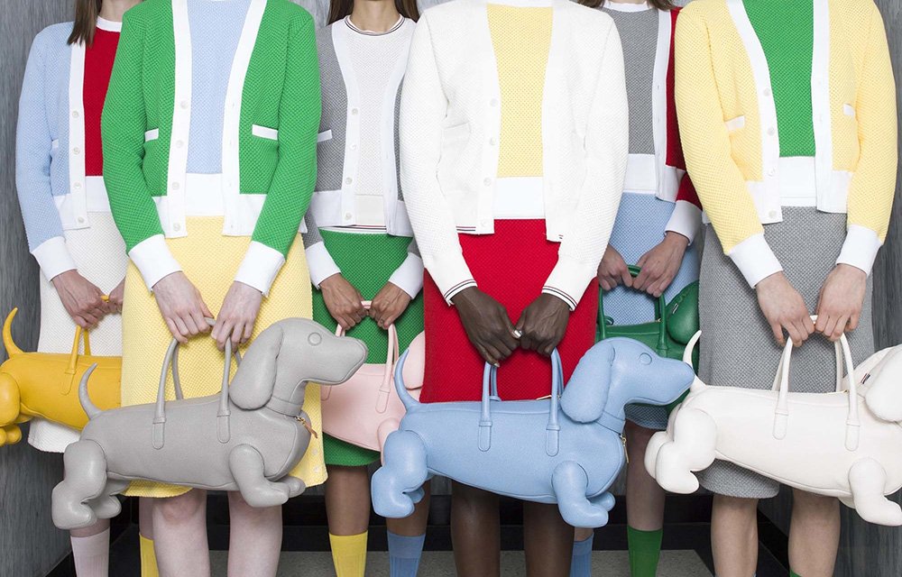 Reference image illustrating Thom Browne Resort 2017: The Dachshund Bag Goes High Fashion