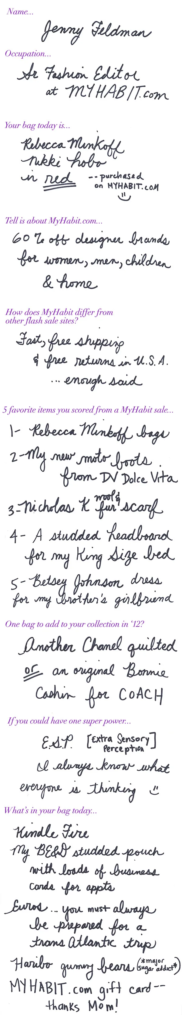 Reference image illustrating What’s In Her Bag: Jenny Feldman of MyHabit.com