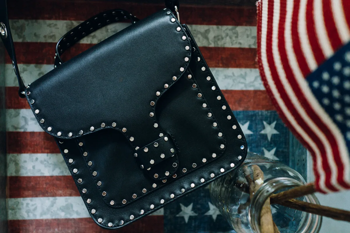 Reference image illustrating Rebecca Minkoff Midnighter Top Handle Bag Review: A Lightweight Studded Crossbody Under $300