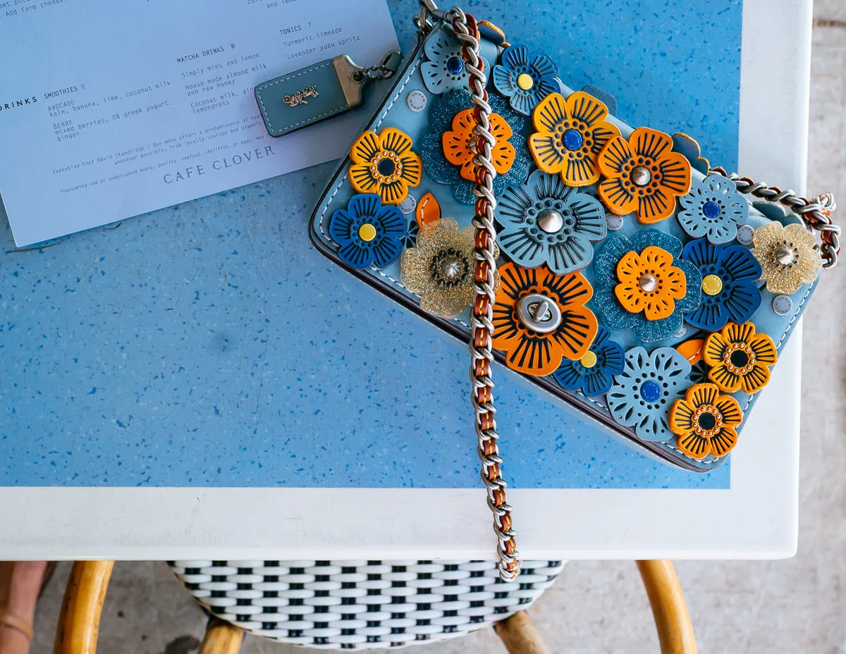 Reference image illustrating Styling Coach’s Glitter Tea Rose Bags at NYC’s Cafe Clover: A Luxury Lunch Guide