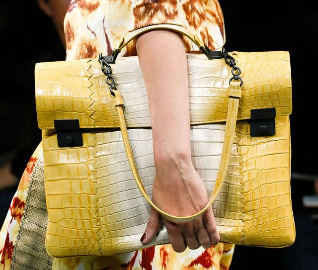 Reference image illustrating Bottega Veneta Spring 2013 Handbags: Exotic Leathers, Intrecciato Fringe, and Butterfly Motifs