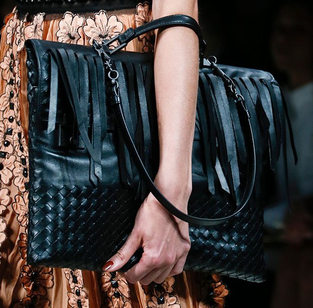 Reference image illustrating Bottega Veneta Spring 2013 Handbags: Exotic Leathers, Intrecciato Fringe, and Butterfly Motifs