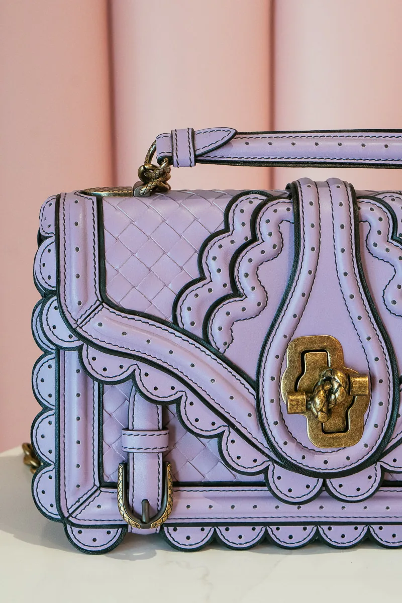 Reference image illustrating Bottega Veneta Spring 2018 Pastel Handbags: Intrecciato Wingtip City Knot & Checker Olimpia