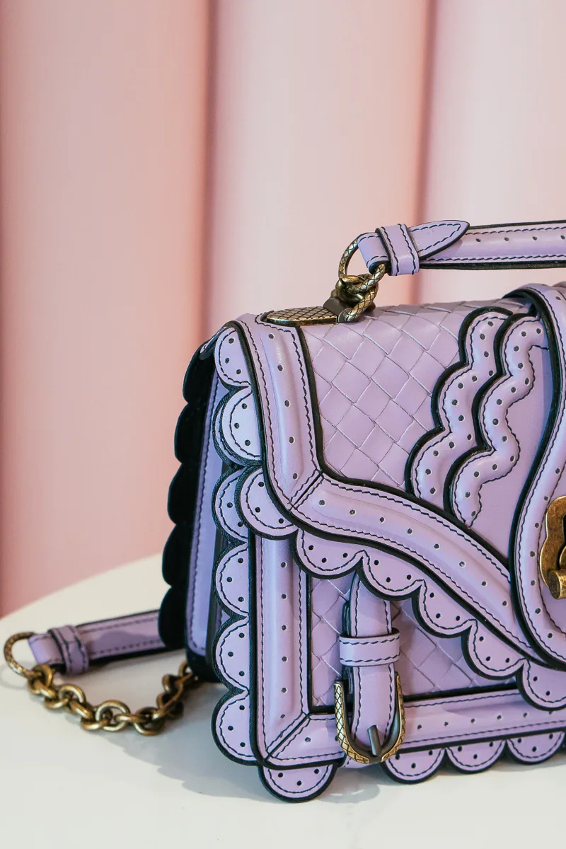 Reference image illustrating Bottega Veneta Spring 2018 Pastel Handbags: Intrecciato Wingtip City Knot & Checker Olimpia