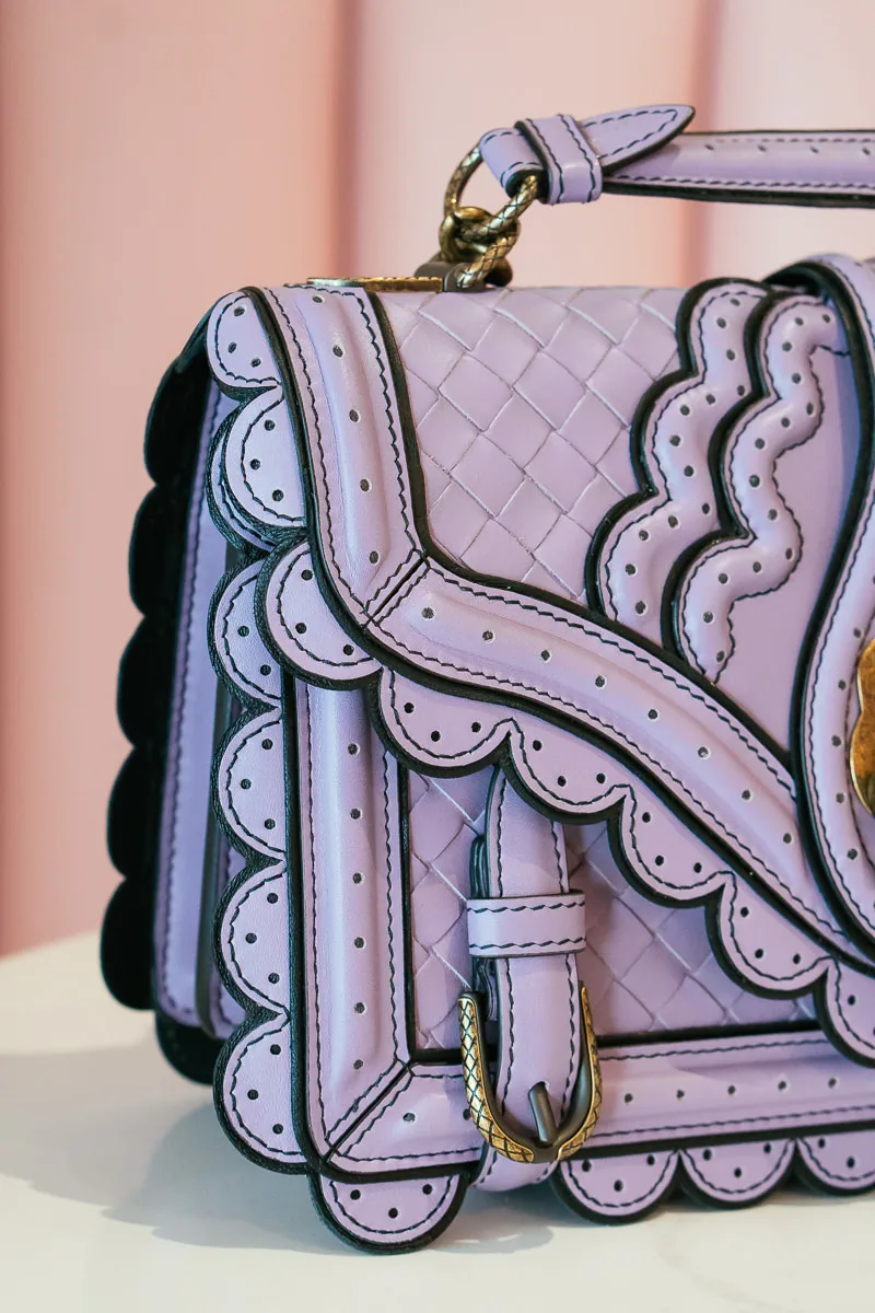 Reference image illustrating Bottega Veneta Spring 2018 Pastel Handbags: Intrecciato Wingtip City Knot & Checker Olimpia