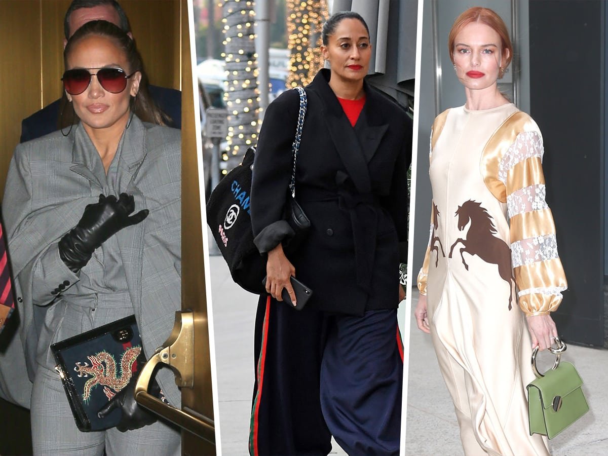 Reference image illustrating Celebrity Handbag Sightings: Gucci, Chanel & Edie Parker at Promo Tours and Beverly Hills