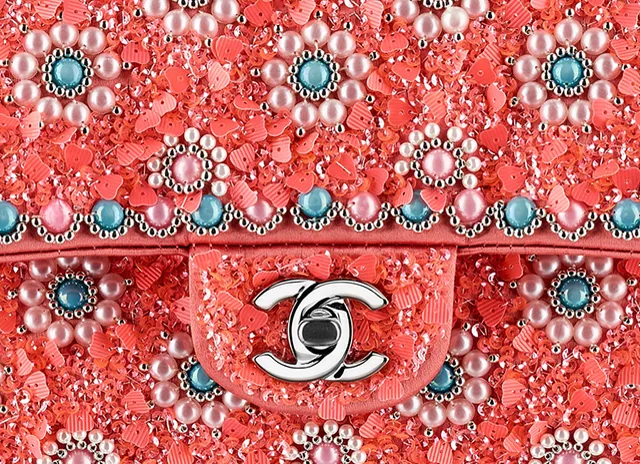 Reference image illustrating Chanel Cruise 2014 Exceptional Pieces: Beaded Classic Flap Bags in Pink, Blue, and White