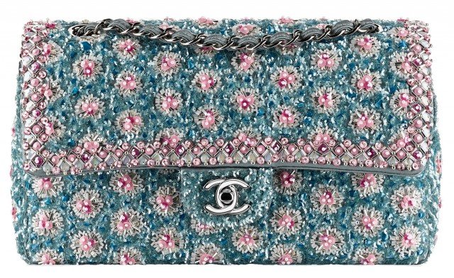 Reference image illustrating Chanel Cruise 2014 Exceptional Pieces: Beaded Classic Flap Bags in Pink, Blue, and White