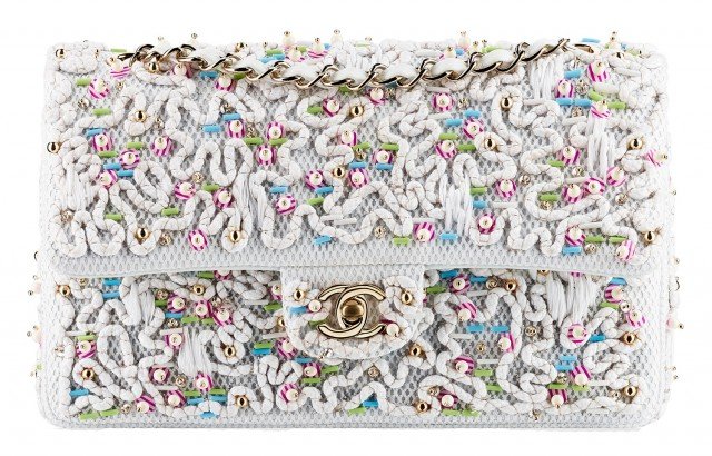 Reference image illustrating Chanel Cruise 2014 Exceptional Pieces: Beaded Classic Flap Bags in Pink, Blue, and White