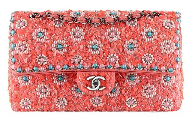 Reference image illustrating Chanel Cruise 2014 Exceptional Pieces: Beaded Classic Flap Bags in Pink, Blue, and White