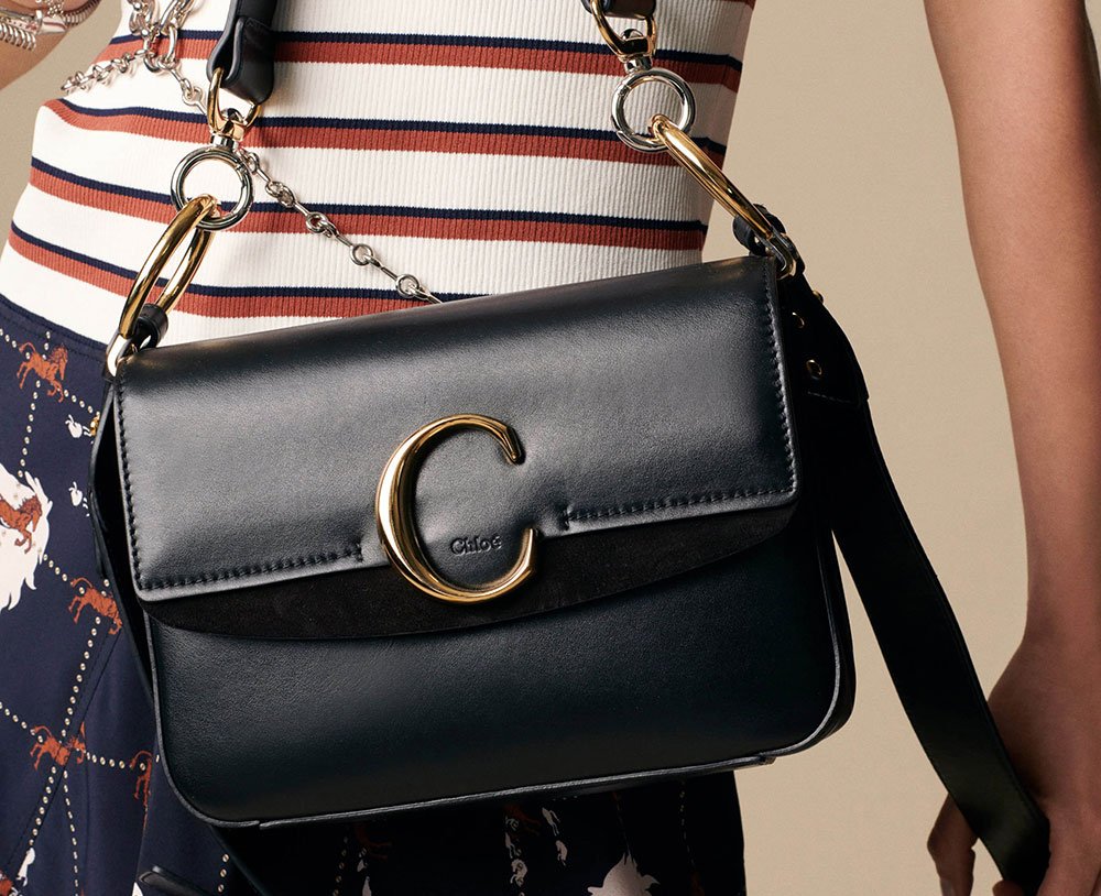 Reference image illustrating Chloé Resort 2019 Bags: Logo Hardware and Printed Brand ID Debut