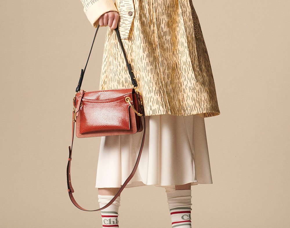 Reference image illustrating Chloé Resort 2019 Bags: Logo Hardware and Printed Brand ID Debut