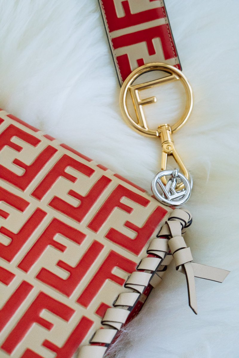 Reference image illustrating Fendi Kan I F Bag Spring 2018: All-Over Logo Leather with Whipstitch Details
