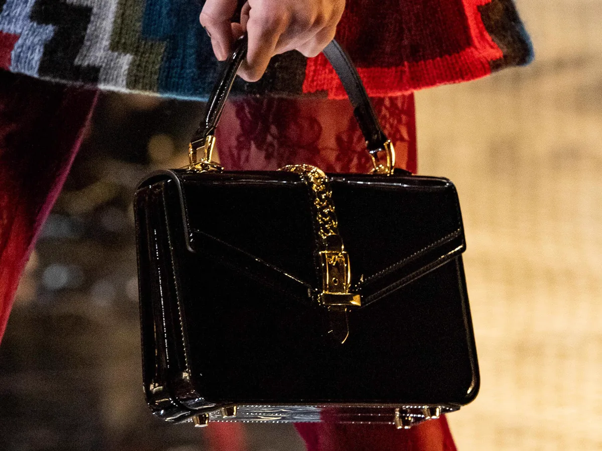 Reference image illustrating Gucci Fall 2019 Runway Bags: First Look at New Sylvie, Rajah Tote & Silk-Wrapped Flap Styles