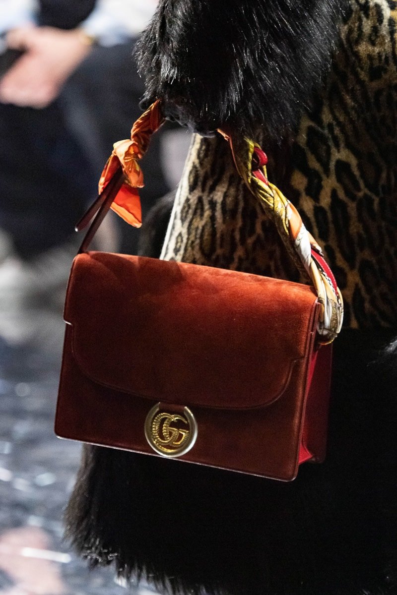 Reference image illustrating Gucci Fall 2019 Runway Bags: First Look at New Sylvie, Rajah Tote & Silk-Wrapped Flap Styles