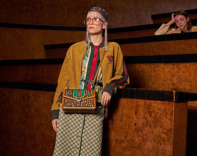 Reference image illustrating Gucci Pre-Fall 2018 Lookbook: New Marmont Tote and Cinematic Bag Collection