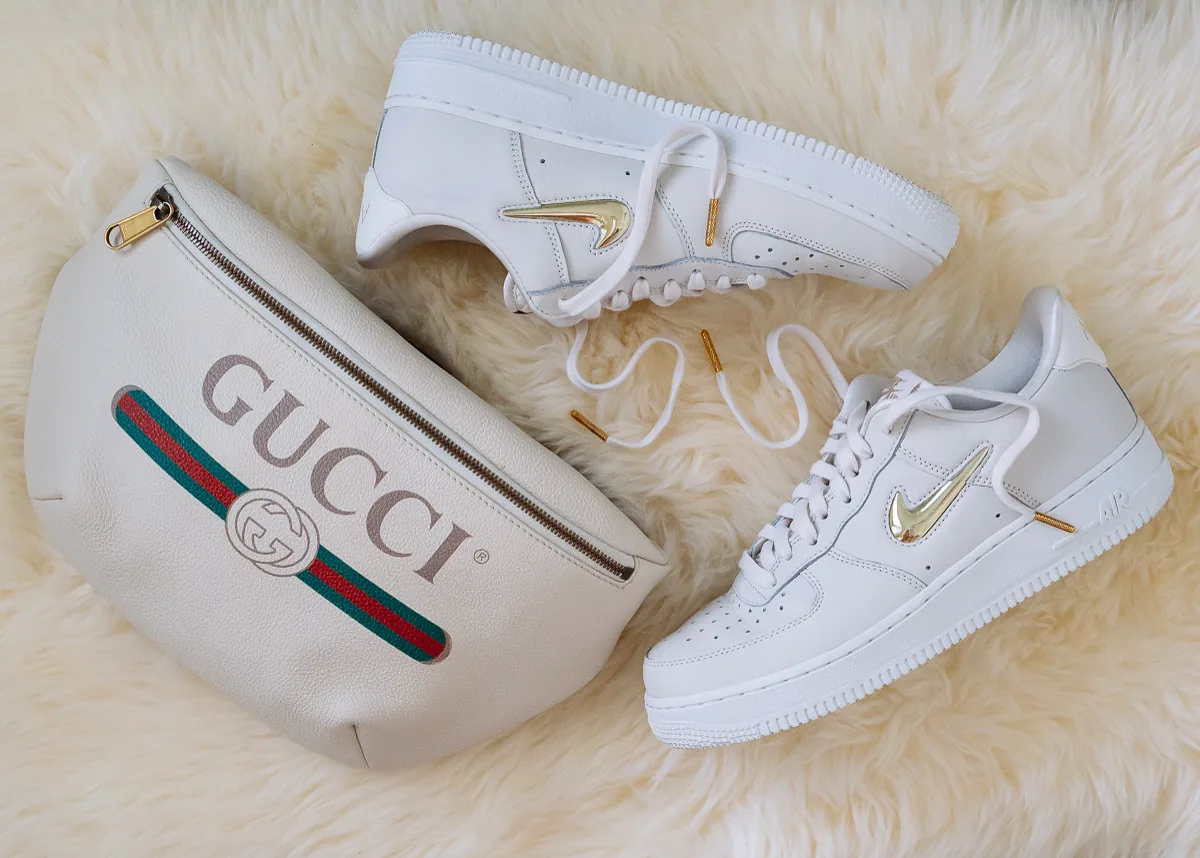 Reference image illustrating Gucci Printed Belt Bag Meets Nike Air Force 1 Low Tops: The Ultimate Streetwear Pairing