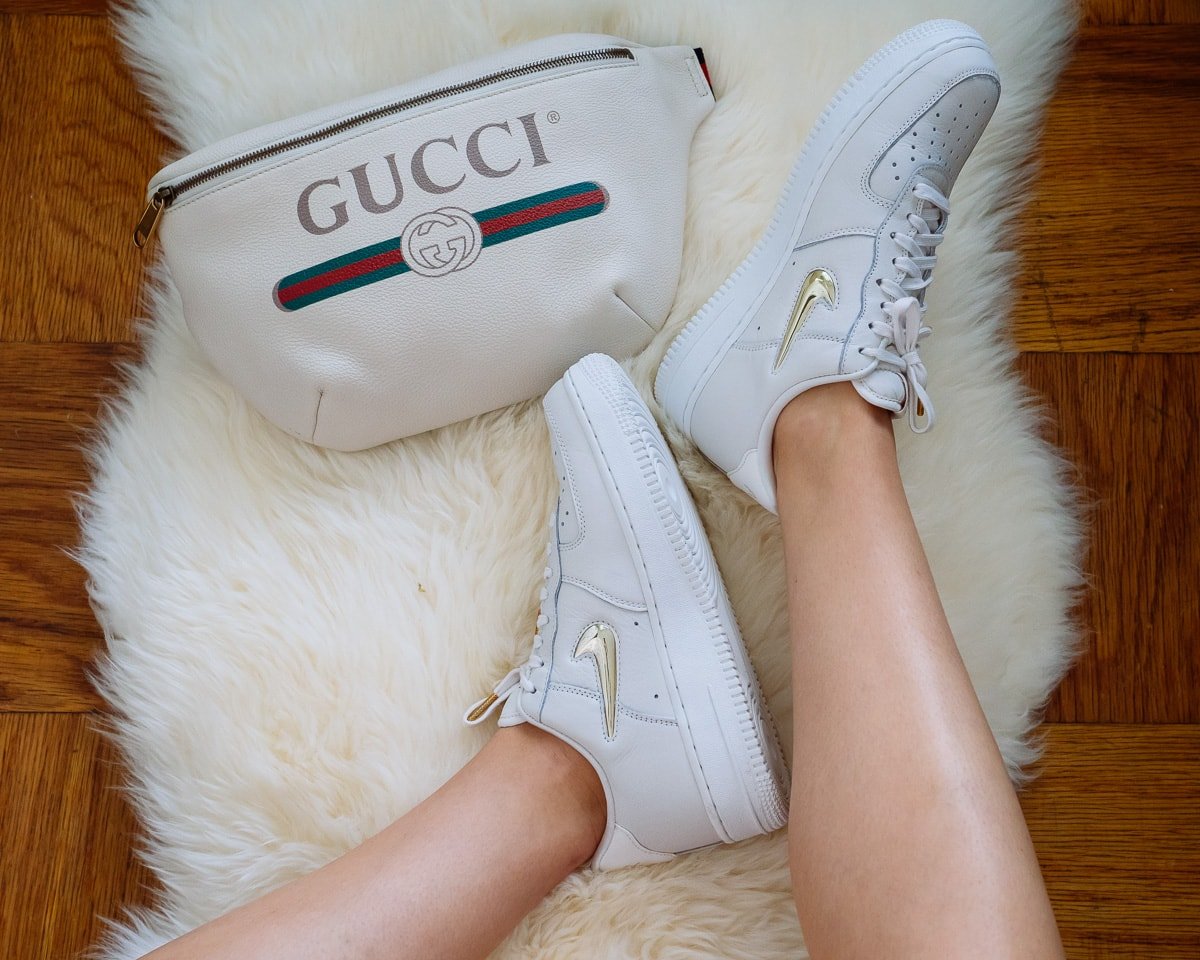 Reference image illustrating Gucci Printed Belt Bag Meets Nike Air Force 1 Low Tops: The Ultimate Streetwear Pairing