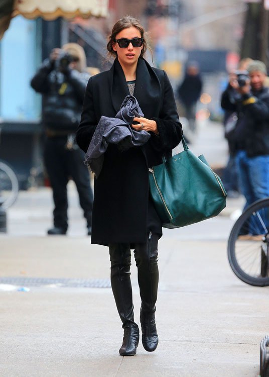 Reference image illustrating Irina Shayk’s Emerald Green Celine Cabas Tote: A Street Style Moment in NYC