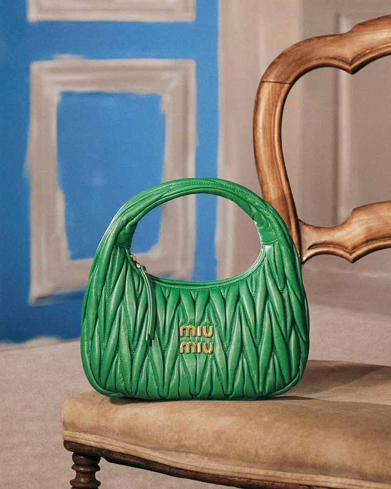 Reference image illustrating Miu Miu Matelassé Spring 2026: New Mango Green and Wave Blue Colors Refresh the Wander and Arcadie Bags