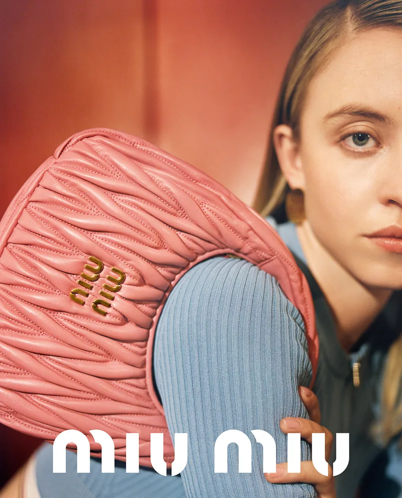 Reference image illustrating Miu Miu Miu Wander Bag in Matelassé Leather: Sydney Sweeney Fronts the New Campaign