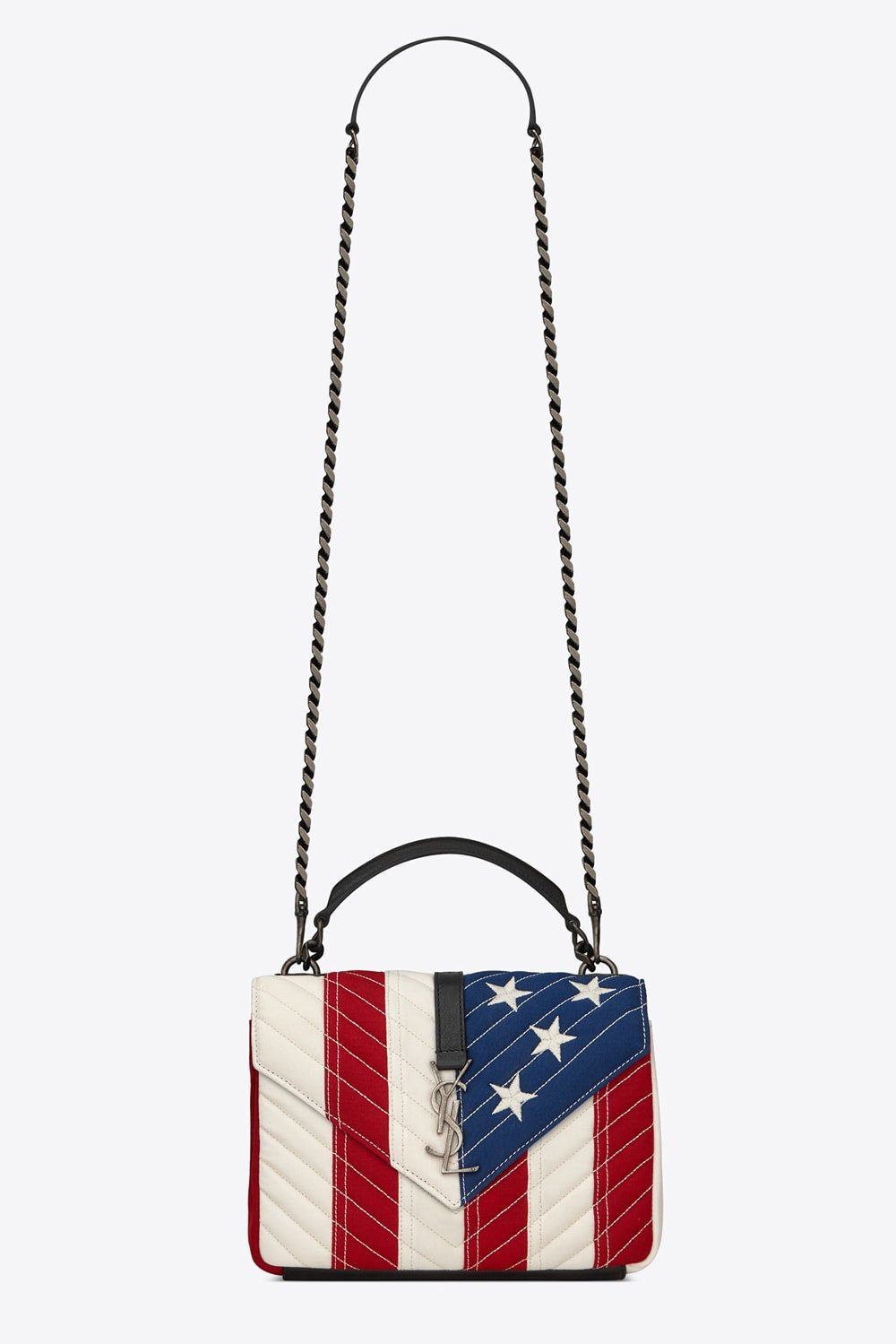 Reference image illustrating Saint Laurent’s Americana Collection: The Kate and College Bags Reimagined with Patriotic Flair
