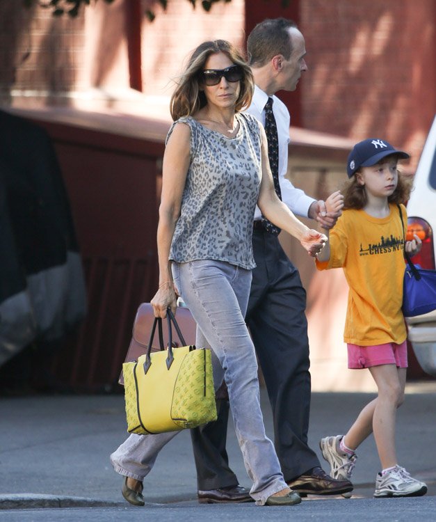 Reference image illustrating Sarah Jessica Parker Spotted with a Bold Yellow Louis Vuitton W Bag in NYC