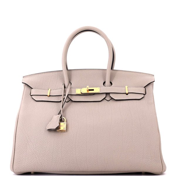 Reference image illustrating Hermès Birkin 35 in Gris Tourterelle Togo with Gold Hardware: A Comprehensive Guide